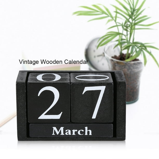 Vintage Wooden Perpetual Desktop Calendar with Wooden Month Blocks Date Display Home Office Decoration Wood Color